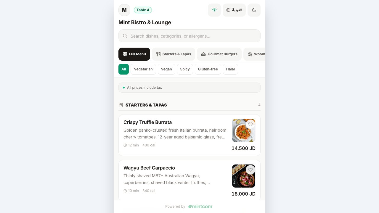 Mintcom public QR menu demo with categories, product photos, and prices